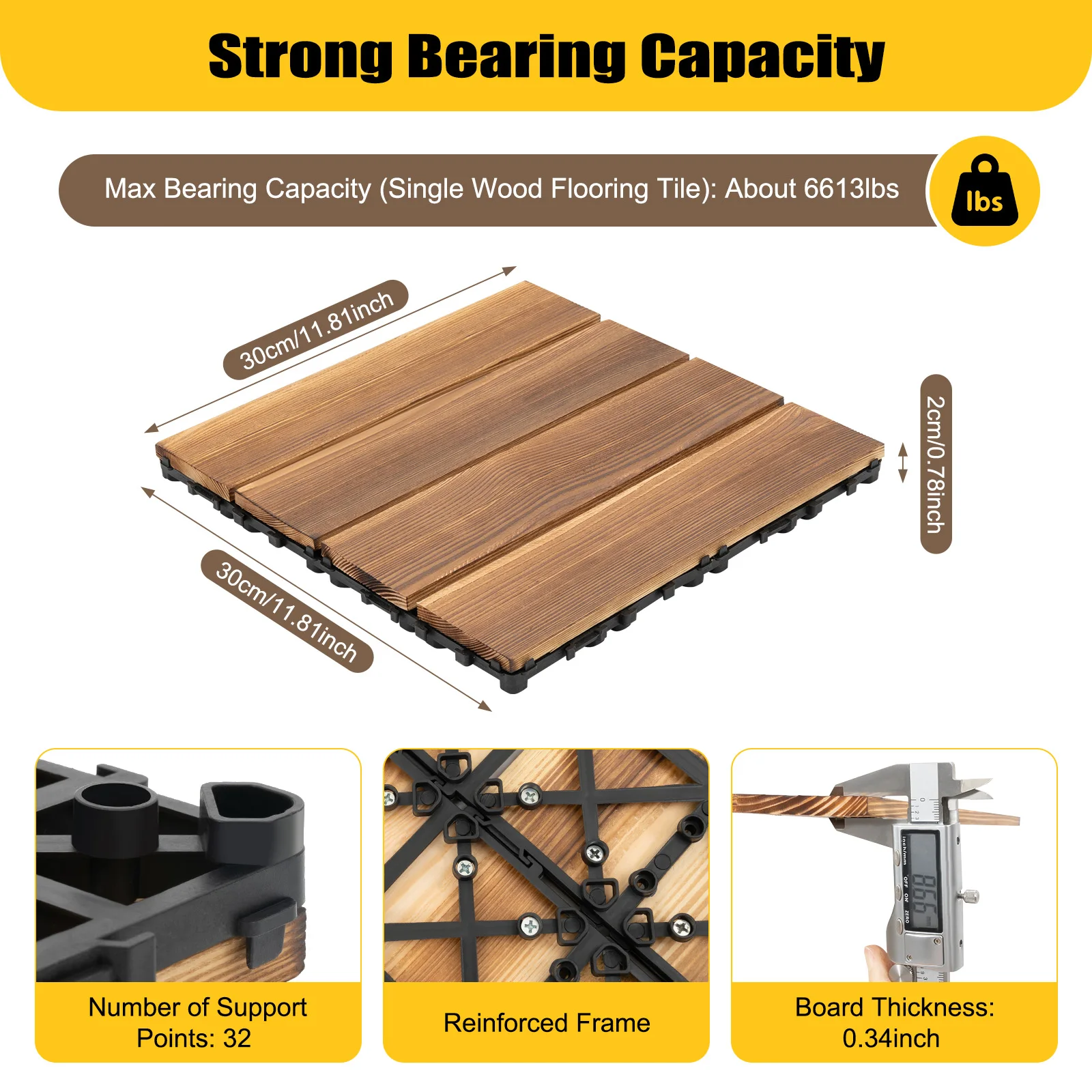 36 pcs Wood Flooring Tiles 30X30cm Spliced Wood Flooring Brown Pine Wood Flooring for Patio Bedrooms Gardens Outdoor Use